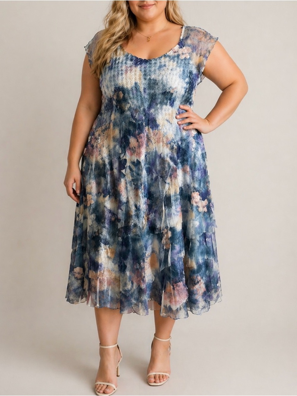 KOMAROV Cap Sleeve Watercolor Floral Crinkle Charmeuse‎ Midi Dress